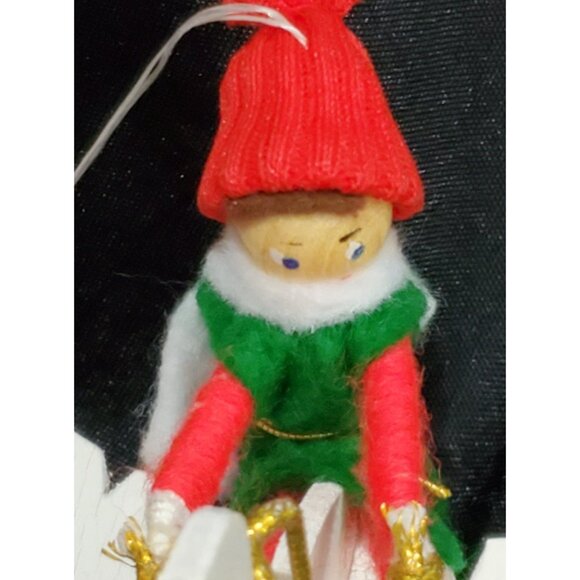 ELF RIDING FLYING GOOSE Christmas Ornament wooden & fabric 5"long 3.5"high - Picture 5 of 7
